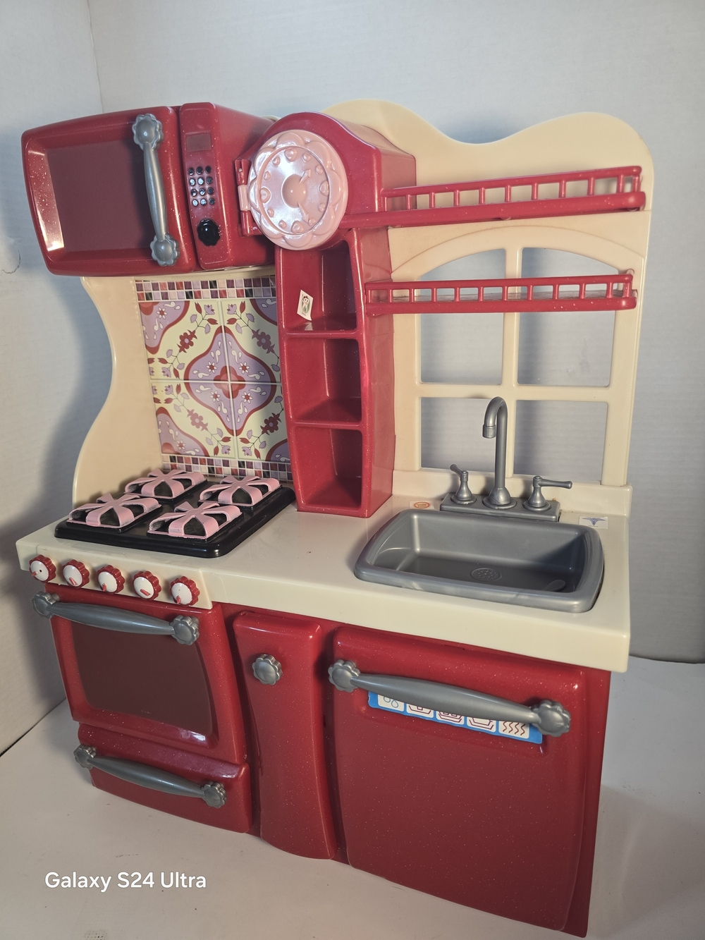 Our Generation 18" doll kitchen red and pink play kitchen
